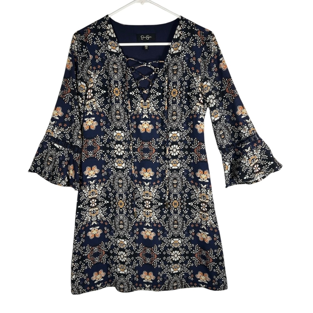 Jessica Simpson Navy Floral Lace Up Bell Sleeve Mini Dress Size 2